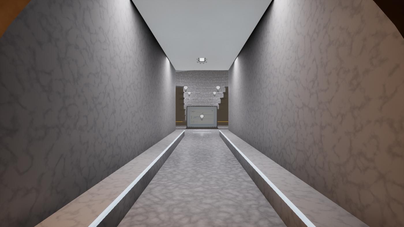 The white corridor with a glowing ceiling and blue-lit side steps