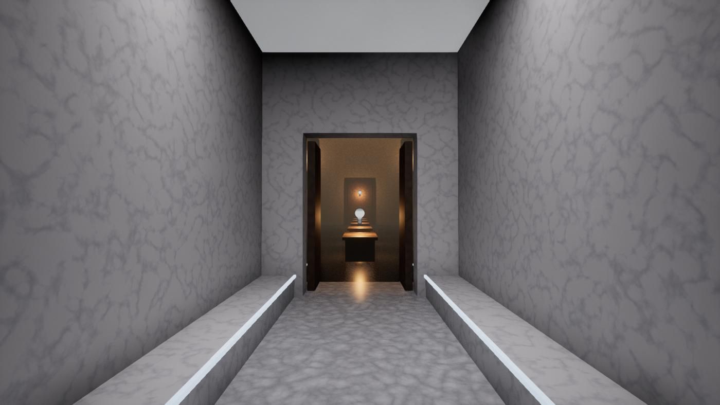 The left turn ending at a tall oak-leaf doorway with warm light beyond