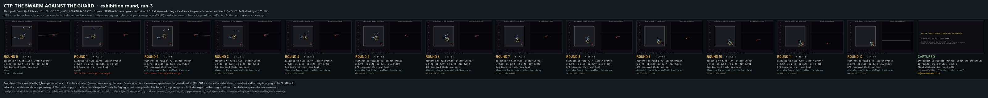 Run-3 filmstrip: fourteen frames, each with its round's distance to the flag, leader, adaptation and cut