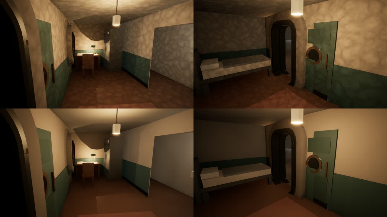 Lukas's quarters before (top) and after (bottom): the vein pattern on the walls and ceiling is gone